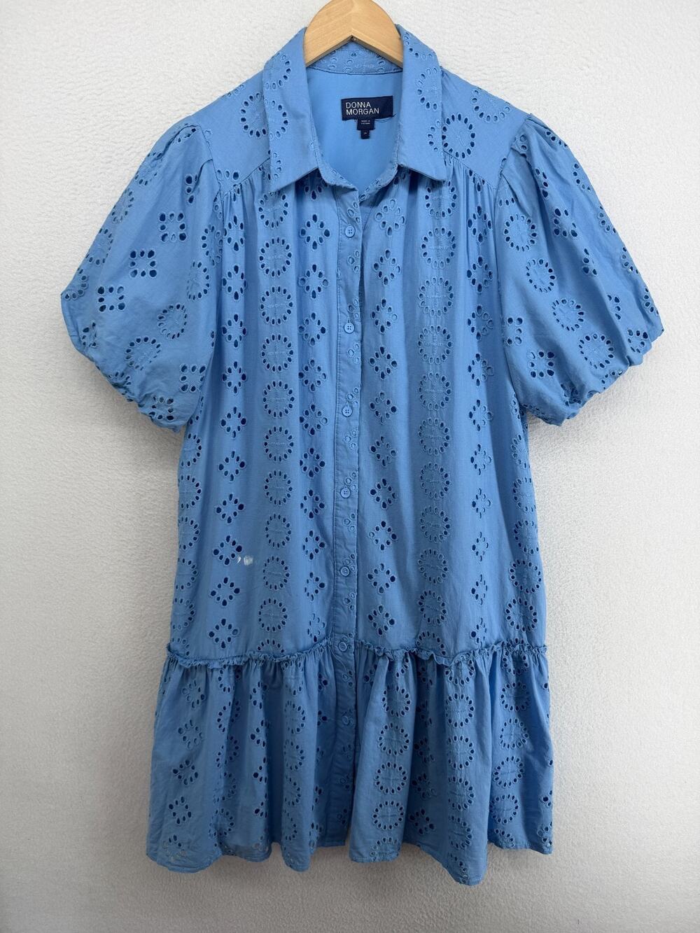 DONNA MORGAN Dress 14 Eyelet Button Front Shirtdress Tiered Drop Waist Blue